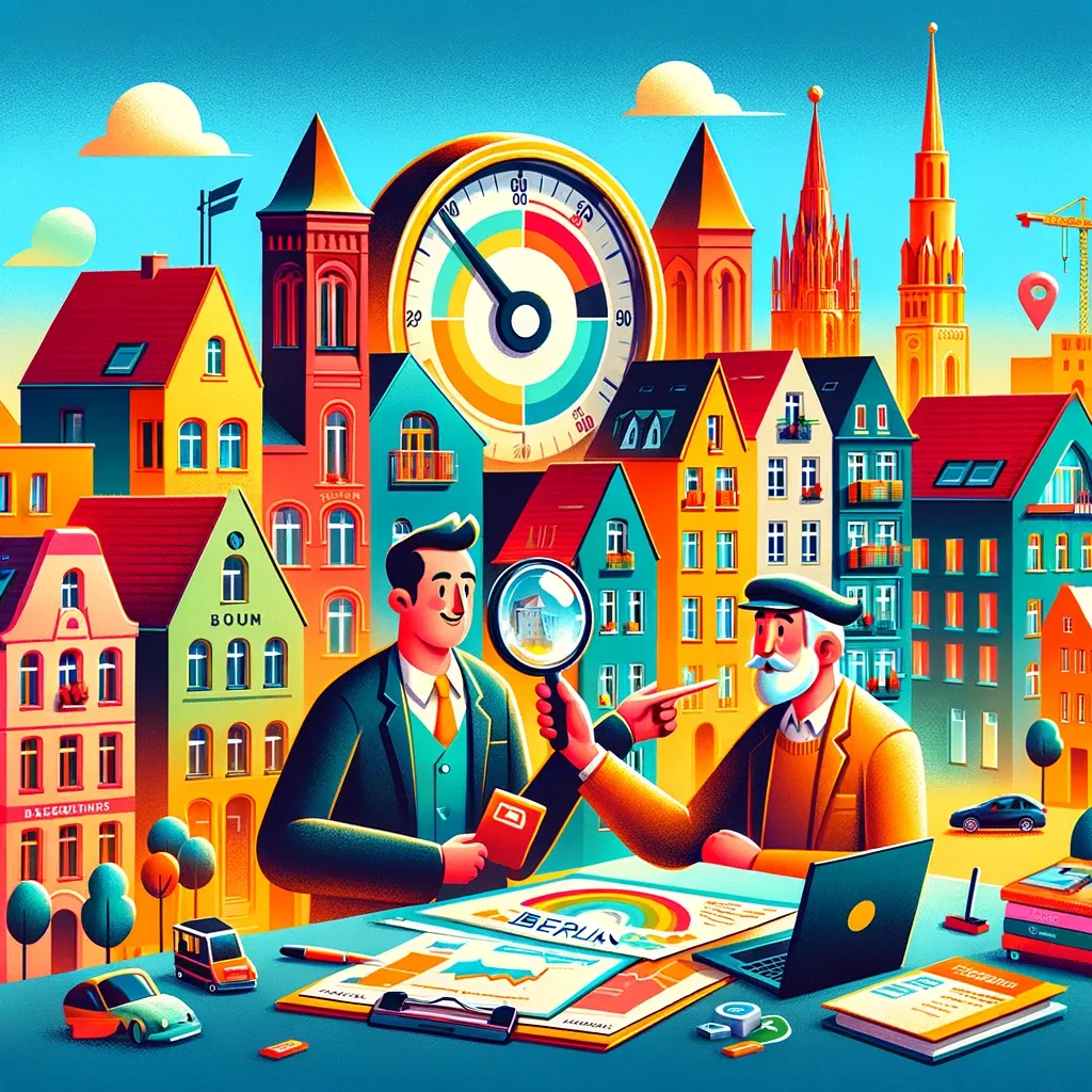 Illustration for Berlin Housing Advisory service showing two men at a table with various rental paperwork and housing options, against a backdrop of different houses and residential buildings in Berlin.