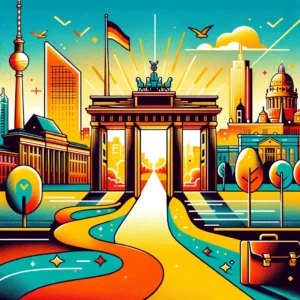 Vivid comic-style drawing featuring various Berlin landmarks, predominantly in yellow, orange, and green colors.