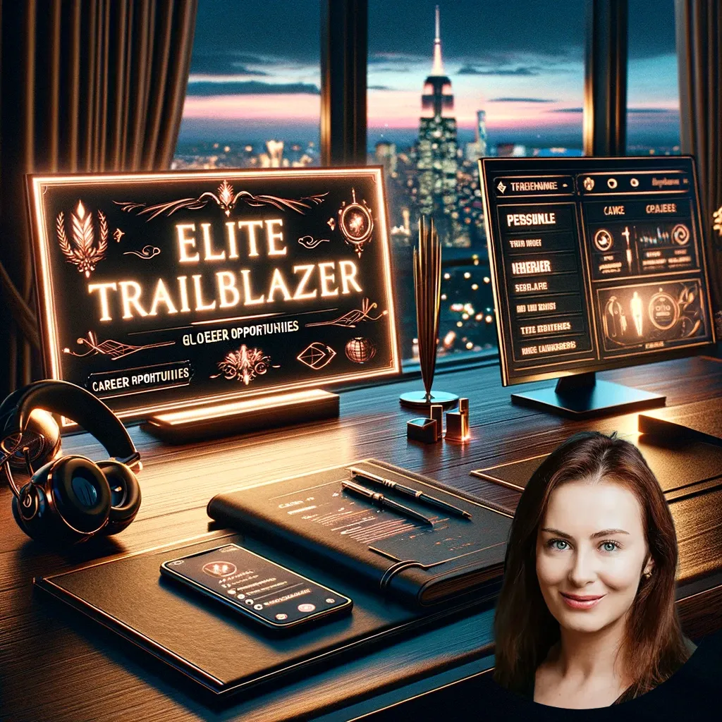 An elite workspace with a table, monitor displaying 'Elite Trailblazer', pens, headphones, and a mobile phone. In the background, the NYC skyline is visible after dark. A photo of a young lady tech recruiter is added in the lower right corner.