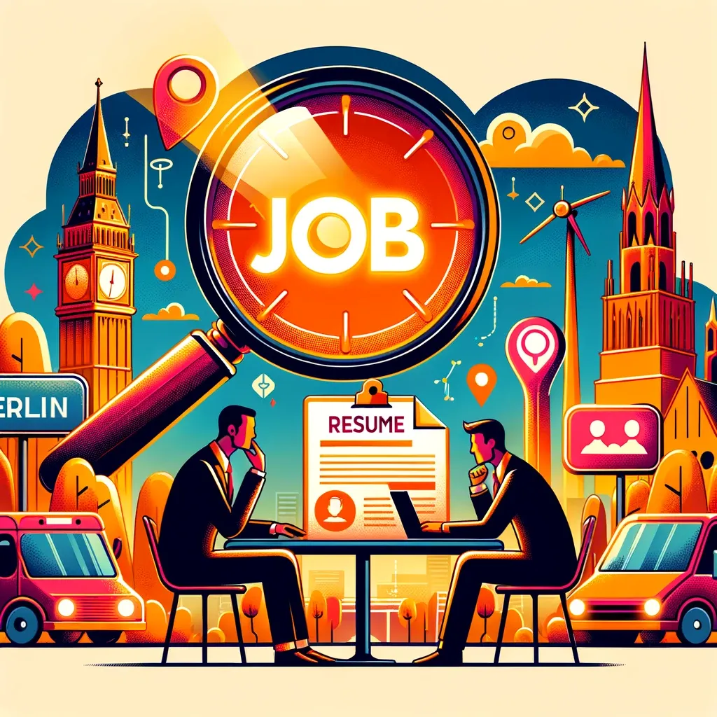 Image showing landmarks from various cities in the background, a large magnifying glass centering on the word 'job', and a candidate consulting with a professional at a table in the foreground, for Job Placement Support in Berlin.