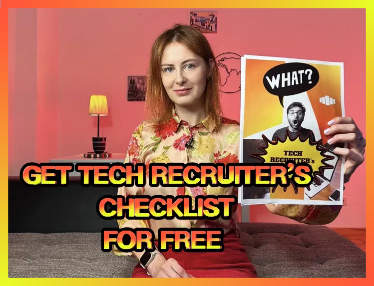 A tech recruiter holding a printed checklist with a comic-style surprised man exclaiming 'WHAT?' on the cover, accompanied by a caption 'Get Tech Recruiter's Checklist for free'