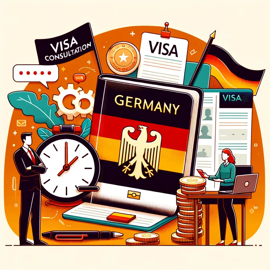 Image for Visa Consultation Germany service, displaying a clock, coins, a book of German laws, paperwork, and a German flag, symbolizing the visa application process.